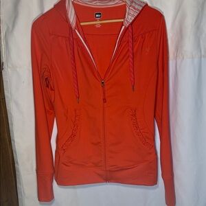 REI Bright Orange Zip-Up Hoodie with Striped Hood